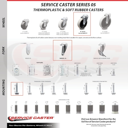 Service Caster 4 Inch Thermoplastic Rubber Wheel 1/2 Inch Threaded Stem Caster SCC, 4PK SCC-TS05S410-TPRS-121315-4